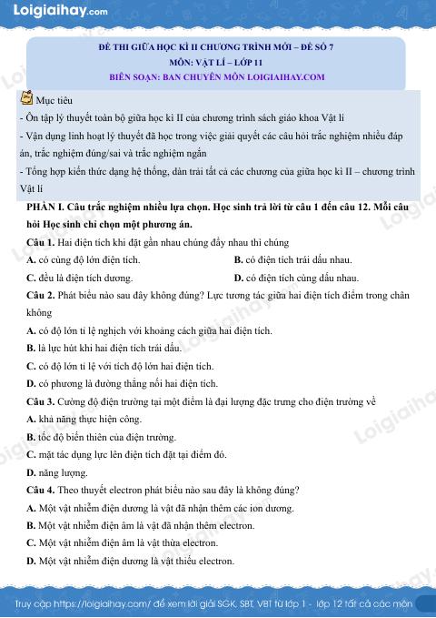 Đề thi giữa học kì 2 Vật lí 11 Chân trời sáng tạo - Đề số 7